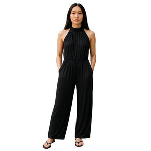 Trina Turk Halter Jumpsuit L Women Black Elastic Waist Sleeveless Resortwear NEW
